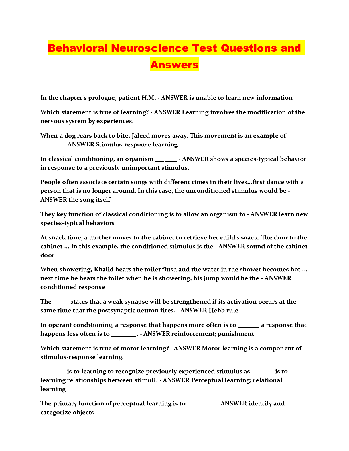 Preview image for Behavioral Neuroscience Test Questions and Answers
